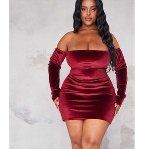 Plus Burgundy Bardot Velvet Bodycon Dress